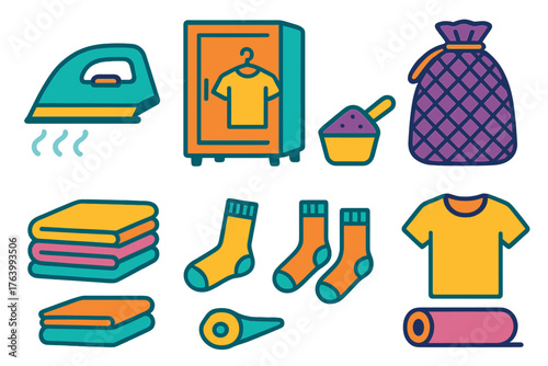 Laundry Room flat icons: steam iron, drying cabinet, folded linens, laundry net, detergent scoop, socks pair, t-shirt, fabric roll.