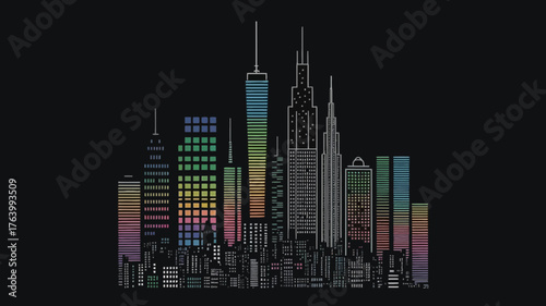 Vibrant abstract cityscape illustration with colorful illuminated skyscrapers against a dark background