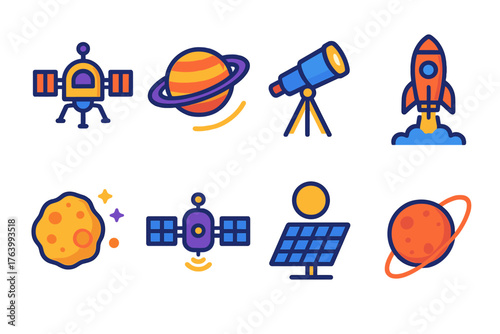 Deep Space Missions flat icons: spacecraft, planet rings, telescope, rocket launch, asteroid, satellite, solar panel, trajectory line. , , High resolution, sharp vector-like