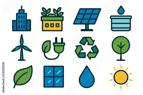 Urban Sustainability flat icons: skyscraper, rooftop garden, solar cell, rainwater tank, windmill, electric plug, recycling logo, tree, leaf, window, droplet, light ray. , , High