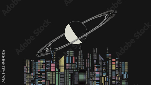 Futuristic cityscape under a ringed planet symbolizing cosmic urban exploration and sci fi dreams