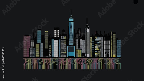 Vibrant colorful pixel art cityscape with a dark background and mirrored reflection below