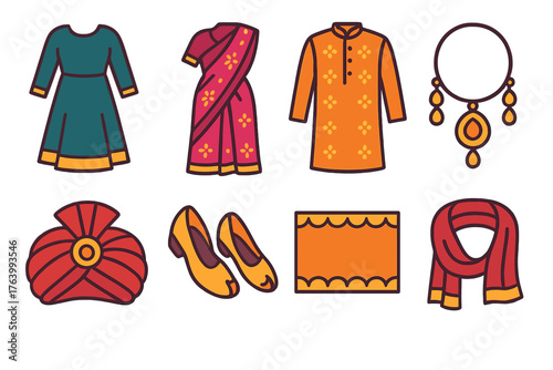 Diwali Festive Clothes flat icons: traditional dress, ornate sari, embroidered kurta, jewelry set, turban, sandal shoes, golden border, festive scarf. , , High resolution, sharp