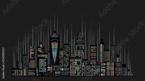 Stylized abstract cityscape illustration with a dark background and colorful illuminated windows creating a vibrant urban night scene
