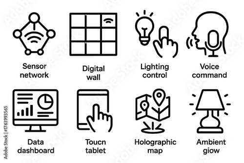 Smart Environments outline icon set: sensor network, digital wall, lighting control, voice command, data dashboard, touch tablet, holographic map, ambient glow. , , High resolution