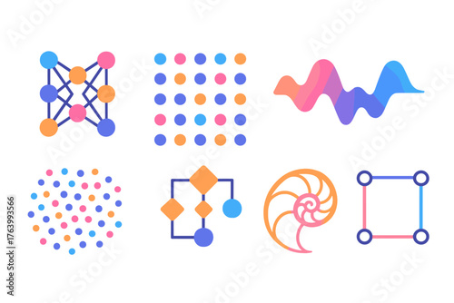 Pattern Recognition flat icons: neural network, dot pattern, wave form, geometric grid, cluster of points, algorithm symbol, fractal spiral, shape outline. , , High resolution,