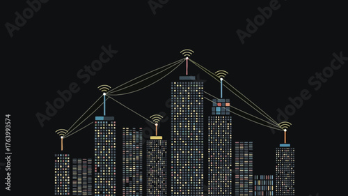 Abstract depiction of a connected city skyline at night with glowing windows and wireless signals emanating from rooftops