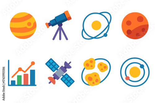 Planetary Science flat icons: planet icon, telescope, orbital path, crater surface, data graph, satellite, asteroid belt, solar system model. , , High resolution, sharp vector-like
