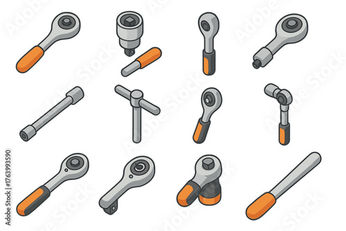 Ratchet Basics set icons in modern isometric flat vector style: ratchet wrench, socket with ratchet, ratchet handle, ratchet head, ratchet extension, T-handle ratchet, mini ratchet