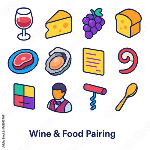 Wine & Food Pairing Set flat isometric set: wine glass, cheese wedge, grape bunch, bread slice, steak plate, oyster shell, tasting notes card, aroma swirl, pairing chart, sommelier