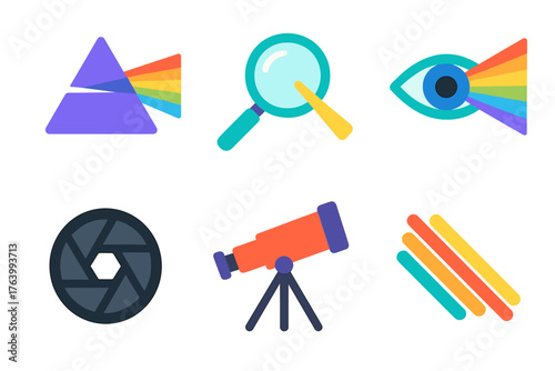 Optical aperture flat icons: prism, magnifying glass, beam, eye, telescope, spectrum.
