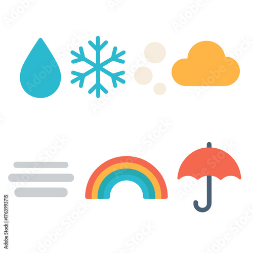 Precipitation Types flat icons: raindrop, snowflake, hailstone, cloud, fog, rainbow, mist, umbrella.