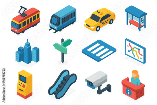 Urban Mobility Icons flat isometric set: tram, metro train, taxi, bus stop, city skyline, route sign, crosswalk, station map, ticket machine, escalator, security camera,