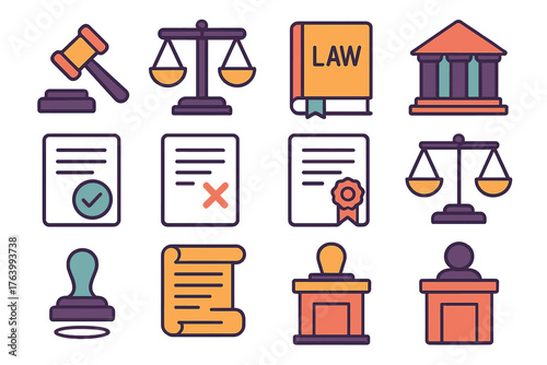 Verdict flat icons: gavel, scales of justice, law book, courthouse, document, checkmark, cross mark, certificate, balance icon, official stamp, scroll, judge podium.