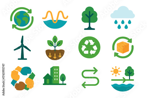 Regenerative Economy Symbols flat icons: earth loop, energy wave, forest tree, water cycle, wind turbine, soil regeneration, recycling badge, circular product icon, community hands