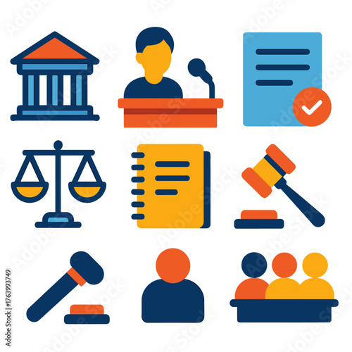 Testimony flat icons: courthouse, person speaking, microphone, legal paper, scales, notepad, gavel, audience.