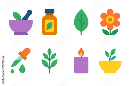 Herbal Remedies flat icons: mortar and pestle, bottle, leaf, flower, dropper, herb sprig, candle, bowl.