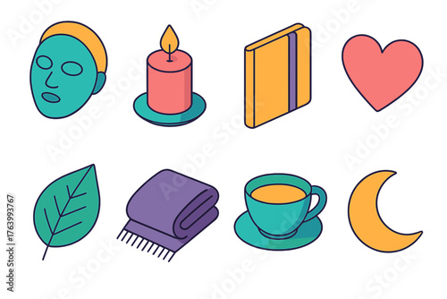 Self-Care flat isometric set: face mask, candle, journal, heart, leaf, cozy blanket, tea cup, moon.