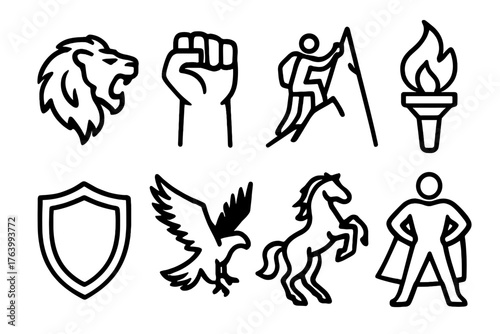 Bravery Symbols outline icon set: roaring lion, raised fist, mountain climber, torch flame, shield, eagle in flight, charging horse, heroic stance.