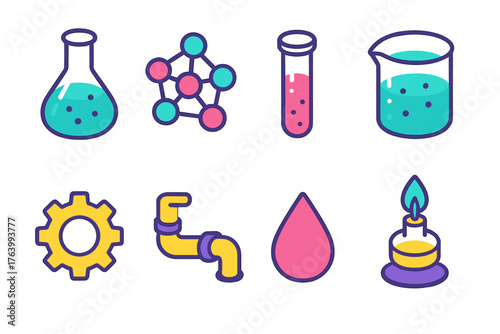 Chemical Engineering flat isometric set: flask, molecule, test tube, beaker, gear, pipe, droplet, lab burner.