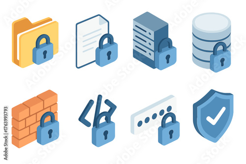 Data digital lock set icons in modern isometric flat vector style: secure folder, encrypted file, server with lock, database lock, firewall block, code brackets with lock, password