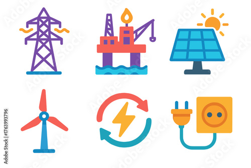Energy Sector flat icons: electricity tower, oil platform, solar panel, turbine blades, energy flow, plug socket.