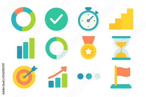 Progress Feedback flat icons: progress wheel, completion check, time tracker, steps ladder, growth chart, circular indicator, success badge, hourglass sand, target goal, bar graph,