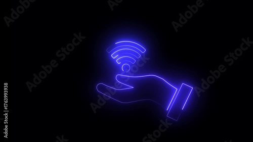 Blue neon line hand with a Wi-Fi signal icon animation.