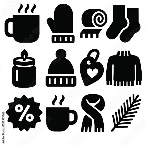 Winter Offers – Cozy Deals silhouette set: hot cocoa mug, wool mitten, blanket roll, fuzzy socks, candle jar, knit hat, heart tag, warm sweater, discount badge, steaming cup, scarf