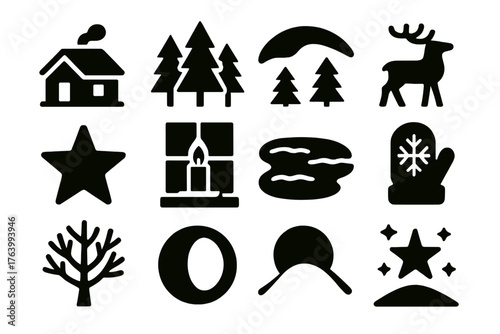 Christmas Serenity Nordic Stillness silhouette set: small cabin in snow, pine forest, northern lights arc, reindeer silhouette, soft star, candle in window, frozen lake, wool