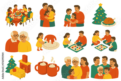 Holiday Gathering Family — Warm Flat Icons flat isometric set: festive dinner table, family hug, kids playing, grandparents smiling, holiday meal, decorated tree, shared dessert,