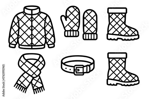 Quilted Clothing outline icon set: winter jacket, quilted pattern, mittens, snow boots, scarf, belt.