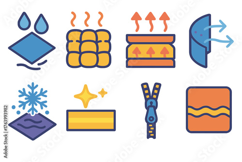 Winter Fabrics Functional Materials flat icons: waterproof nylon, insulated padding, thermal layer, windproof panel, reflective strip, snowproof fabric, zipper seam, coated textile