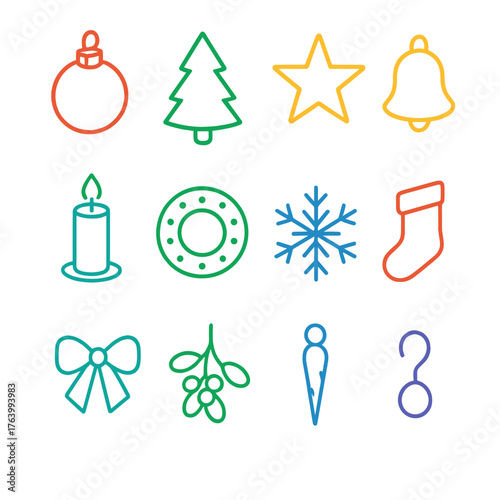 Christmas Decorations Minimal Line Art flat isometric set: outlined bauble, simple tree, geometric star, hanging bell, outline candle, minimal wreath, snowflake outline, stocking
