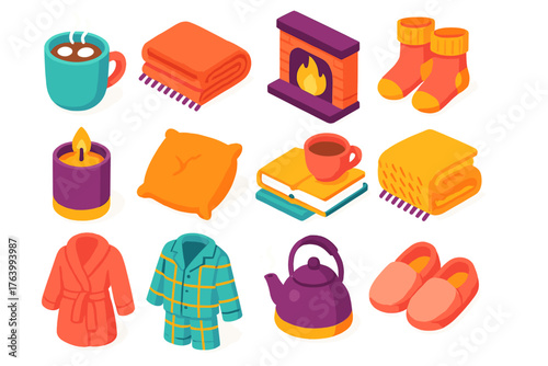 Winter Essentials – Cozy Comfort flat isometric set: hot cocoa mug, wool blanket, fireplace, fuzzy socks, scented candle, warm pillow, book and tea, plush robe, flannel pajamas,
