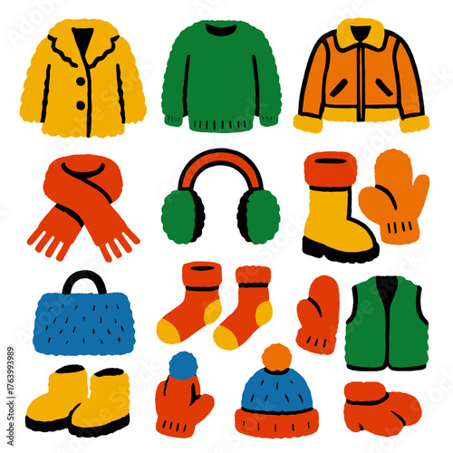 Fuzzy Trends Fashion — Bright Flat Icons silhouette set: faux fur coat, fuzzy sweater, shearling jacket, knit hat, wool scarf, earmuffs, fluffy boots, mittens, textured bag, cozy