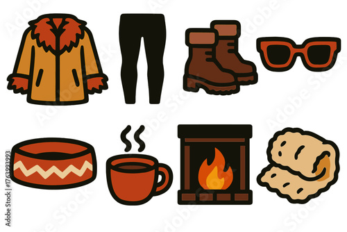 Snow Day Outfits Après-Ski Look silhouette set: fur-trimmed coat, thermal leggings, ankle boots, sunglasses, knit headband, cocoa cup, fireplace glow, fluffy blanket.