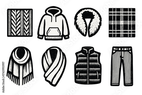 Winter Wardrobe Cozy Textures silhouette set: cable knit pattern, fleece hoodie, faux fur collar, plaid flannel, wool shawl, cashmere wrap, quilted vest, corduroy pants.