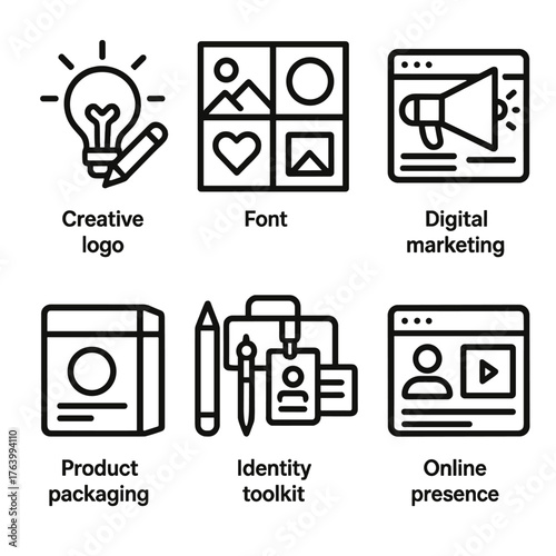 Startup Branding outline icon set: creative logo, moodboard, font selection, digital marketing ad, product packaging, identity toolkit, online presence, analytics graph.