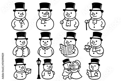 Victorian Snowmen outline icon set: snowman with top hat, snowman with monocle, snowman with pocket watch, snowman with cane, snowman with waistcoat, snowman with bow tie, snowman
