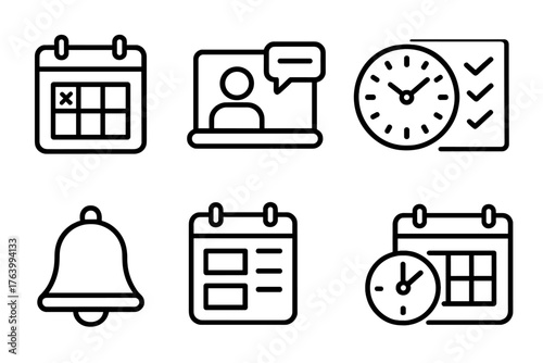 Remote Scheduling outline icon set: calendar icon, meeting planner, clock face, task list, video call symbol, reminder bell, time slot, scheduling dashboard.
