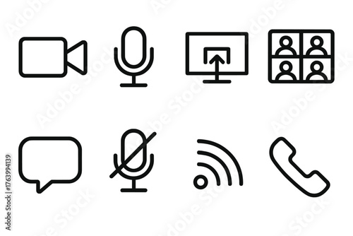 Video Conferencing outline icon set: camera icon, microphone, screen share, participant grid, chat bubble, mute button, connection signal, end call icon.