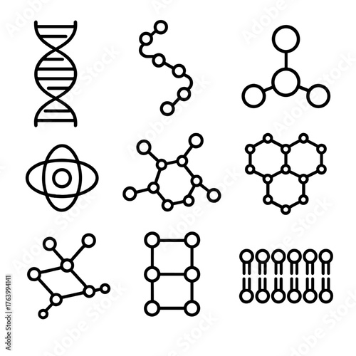 Molecular Structures outline icon set: DNA helix, protein chain, water molecule, carbon lattice, atom model, molecular bond diagram, crystal structure, cell membrane.