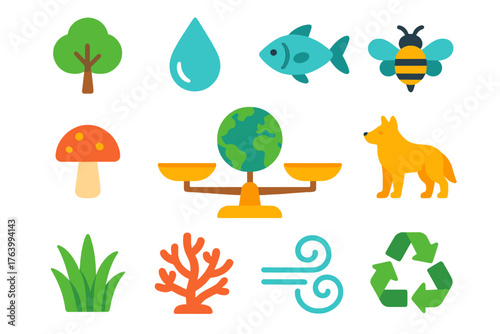 Ecological balance flat icons: earth on scales, tree, water droplet, fish, bee, mushroom, wolf, grass, coral, wind swirl, sun, recycling loop.