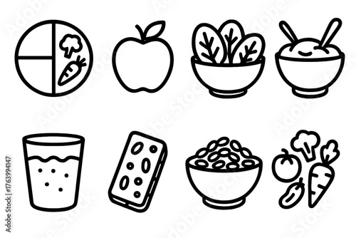 Healthy Eating outline icon set: nutrition plate, fruit icon, leafy salad, yogurt bowl, water cup, healthy snack, grain dish, vegetable set.