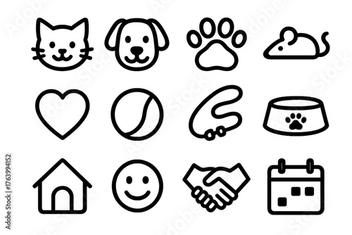 Pet Playdates outline icon set: cat, dog, paw print, toy mouse, ball, heart, leash, food bowl, house, smile icon, friendship hand, calendar.