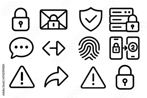 Secure Instant Communication outline icon set: lock icon, encrypted message, verification badge, privacy shield, secure server, chat bubble, code key, fingerprint, two-factor icon,