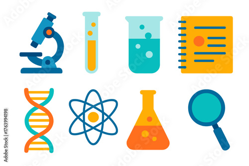 Scientific Research flat icons: microscope, test tube, beaker, lab notebook, DNA strand, atom symbol, chemical flask, magnifying glass.