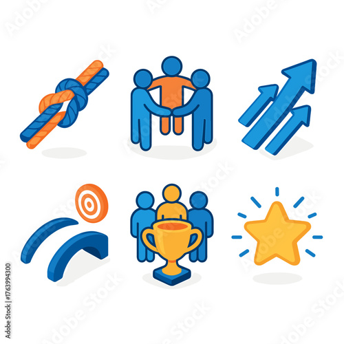 Shared Goal set icons in modern isometric flat vector style: joined ropes, unity symbol, collective arrow, bridge to target, group trophy, glowing star.