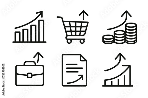 Sales Growth outline icon set: bar chart, shopping cart, upward arrow, coin stack, briefcase, document.